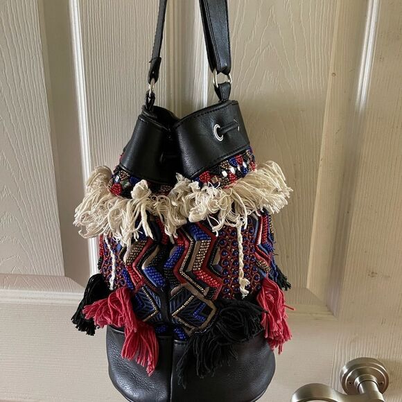 Ricki Design USA Boho multi color beaded bucket shoulder bag black leath… - Picture 2 of 12
